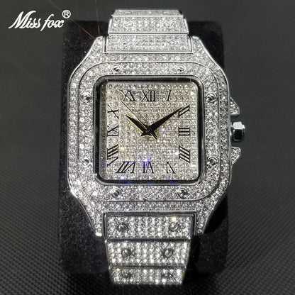 MISSFOX Ice Out Square Watch For Men Top Brand Luxury Full Diamond Mens Watches Ultra Thin Waterproof Hip Hop Clock Dropshipping